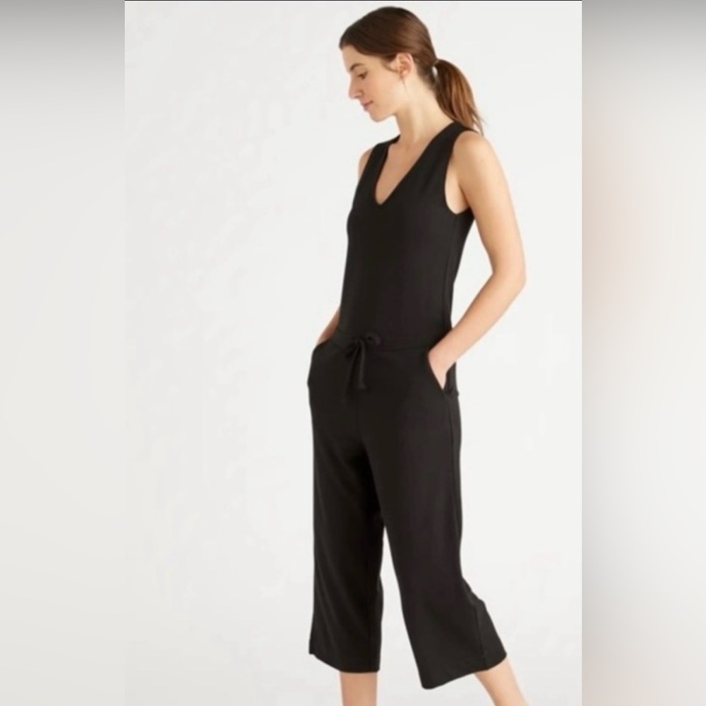 Quince Black Modal Spandex V-Neck Sleeveless Drawstring Fall Quiet Lux Jumpsuit